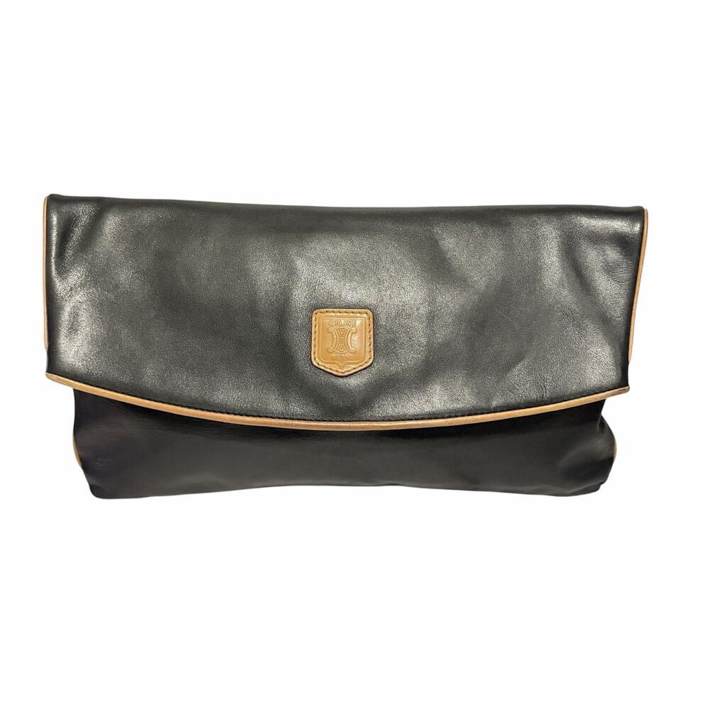 Vintage Celine Black Leather Foldover Clutch Tan Crest Logo Gold Hardware - Picture 10 of 12